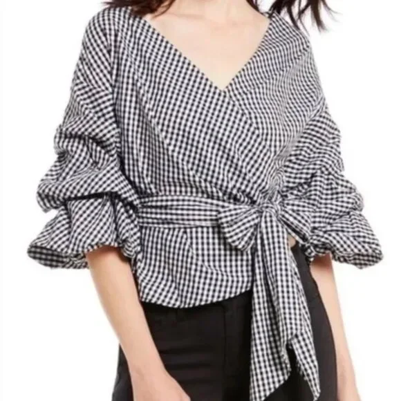 NWT Black and white wrap ruffled tie Top S $90 - Picture 3 of 10
